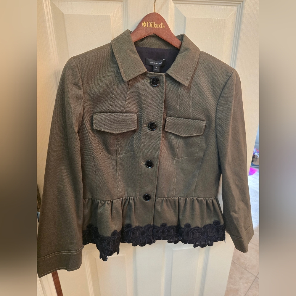 NWT Ann Taylor Petite Lace Trim Peplum Jacket In Olive Khaki | ModeSens